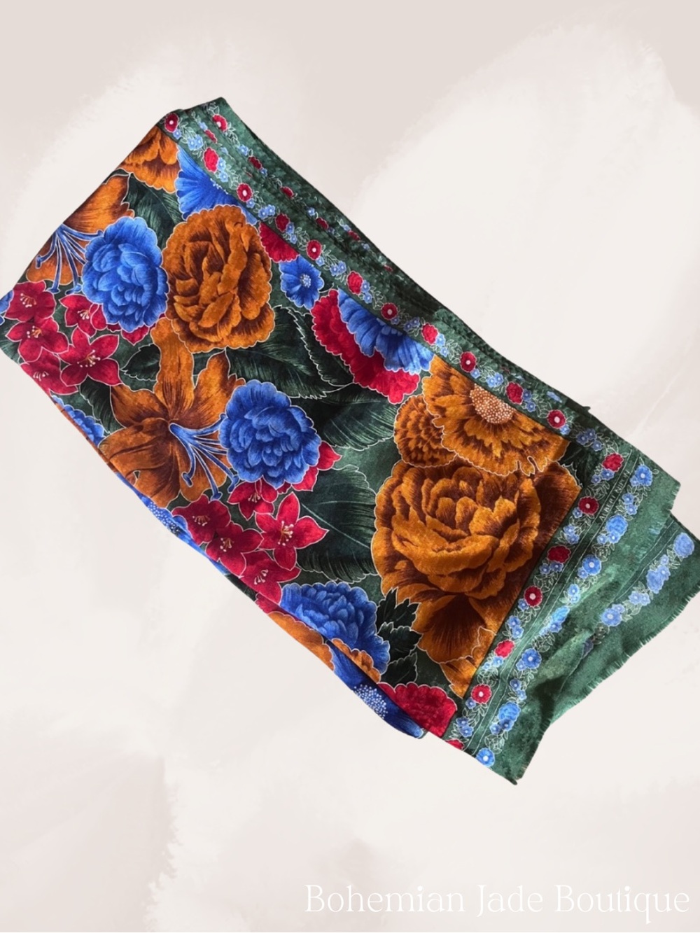 Vintage Albert Nipon 100% Silk Floral Long Rectangle Scarf Blue Gold Green Red - Picture 5 of 5
